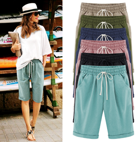 Plus Size ensfargede, elastiske shorts i løs størrelse