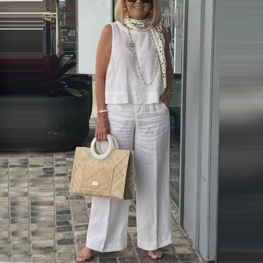 Kvinnenes Enkle Pustende Sett - Rund Hals Ermløs Topp og Vid Bein Bukser