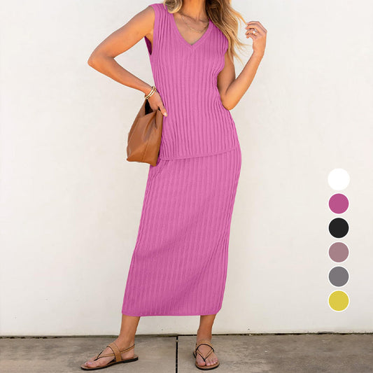 Kvinners sommerlige 2-delte strikkesett med ermeløs topp og tettsittende skjørt