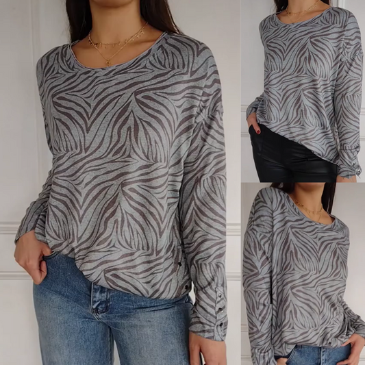🔥STORT SALG - 50 % RABATT🔥Printed langermet topp med rund halsutringning for kvinner