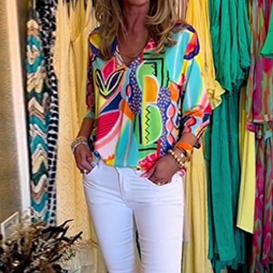 Avslappet trendy topp med V-hals og trykk for kvinner