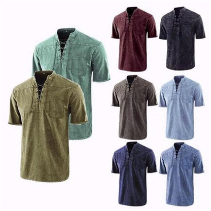 🥰Vintage V-hals slips linlomme for menn Kortermet T-skjorte løs topp