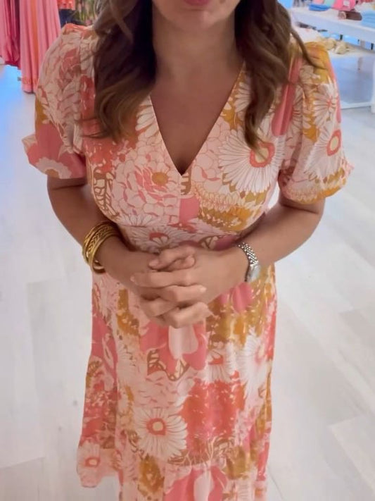 🌸V-halset blomstret maxikjole