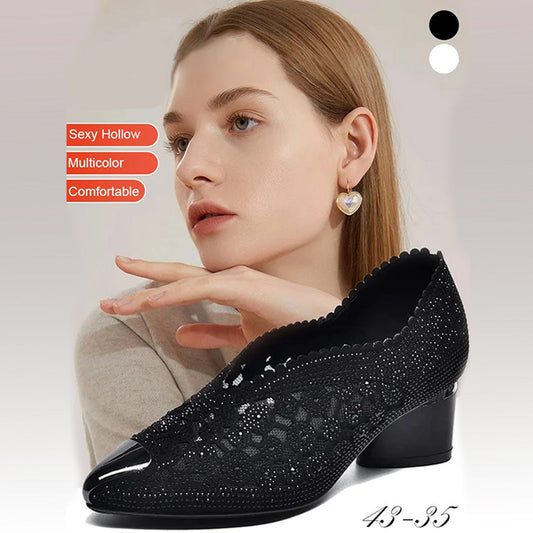 Hule sandaler i mesh med rhinestone og chunky hæl