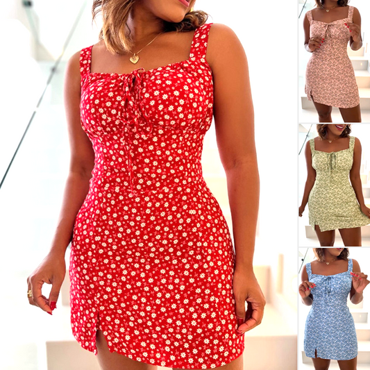 Blomsterprint minikjole med spaghettistropper