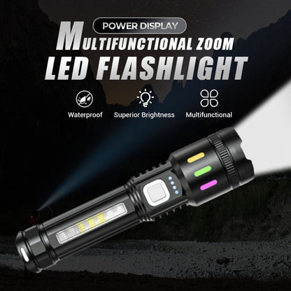 Multifunksjonell LED-lommelykt med zoom og strømvisning